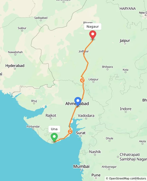 Route map showing distance and travel time from Una, India to Nagaur, India