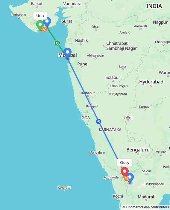 Route map showing distance and travel time from Una, India to Ooty, India