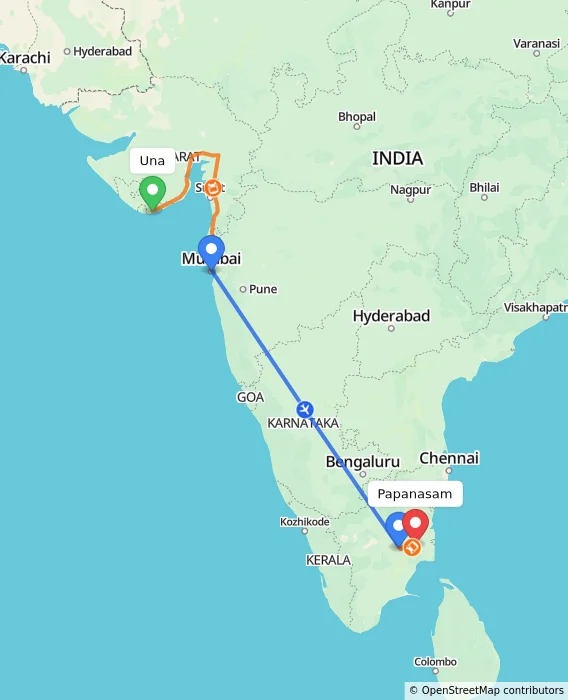 Route map showing distance and travel time from Una, India to Papanasam, India