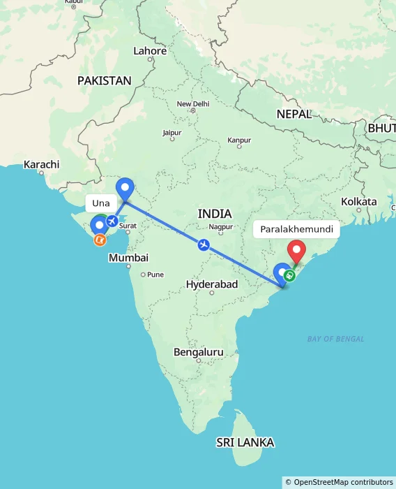 Route map showing distance and travel time from Una, India to Paralakhemundi, India