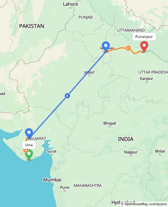Route map showing distance and travel time from Una, India to Puranpur, India