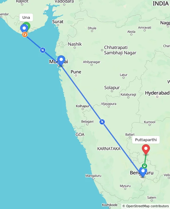 Route map showing distance and travel time from Una, India to Puttaparthi, India