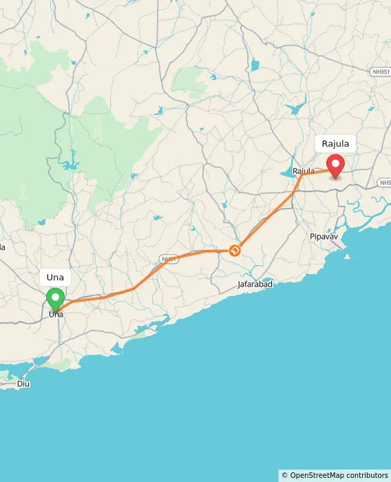 Route map showing distance and travel time from Una, India to Rajula, India