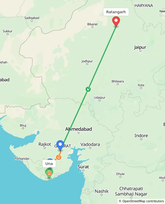 Route map showing distance and travel time from Una, India to Ratangarh, India