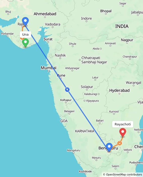 Route map showing distance and travel time from Una, India to Rayachoti, India
