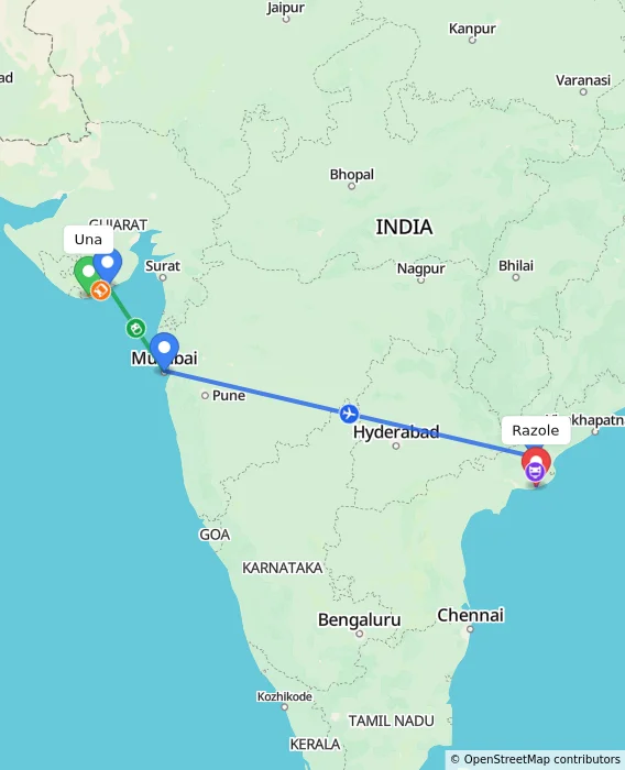 Route map showing distance and travel time from Una, India to Razole, India
