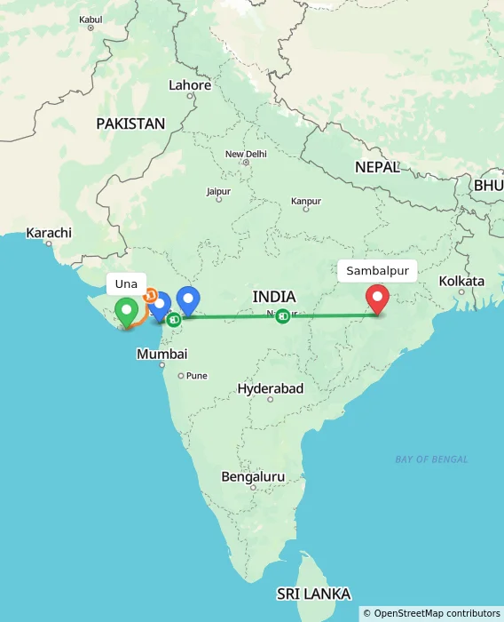 Route map showing distance and travel time from Una, India to Sambalpur, India