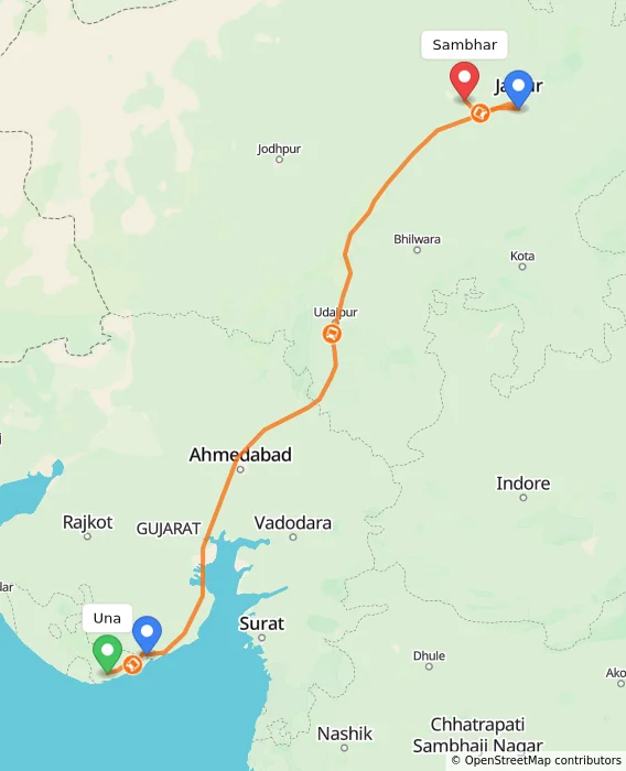 Route map showing distance and travel time from Una, India to Sambhar, India