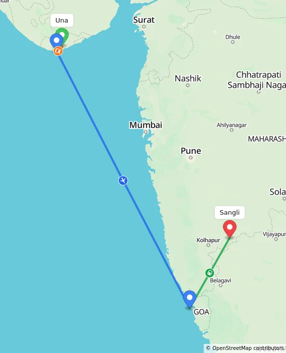 Route map showing distance and travel time from Una, India to Sangli, India