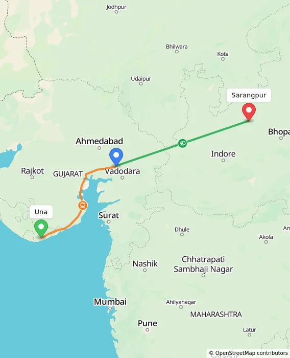 Route map showing distance and travel time from Una, India to Sarangpur, India