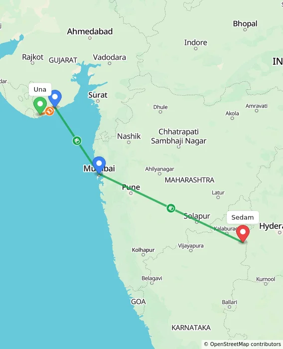 Route map showing distance and travel time from Una, India to Sedam, India