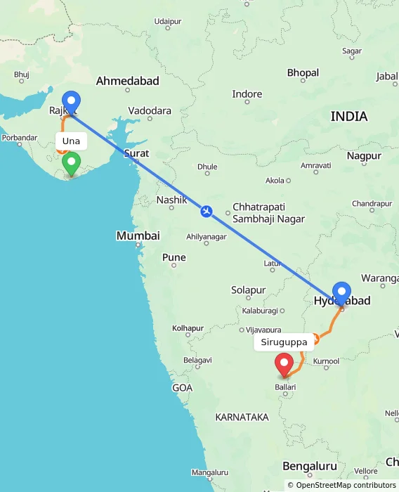 Route map showing distance and travel time from Una, India to Siruguppa, India