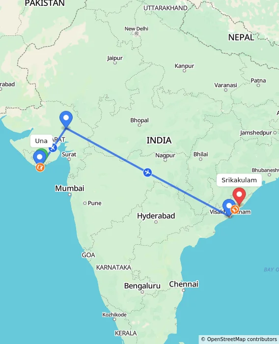 Route map showing distance and travel time from Una, India to Srikakulam, India