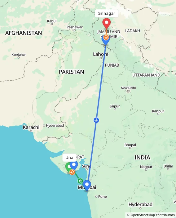 Route map showing distance and travel time from Una, India to Srinagar, India