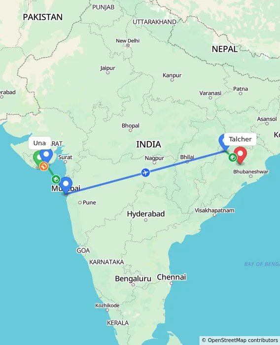 Route map showing distance and travel time from Una, India to Talcher, India