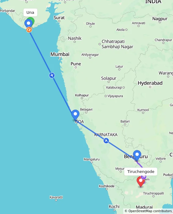 Route map showing distance and travel time from Una, India to Tiruchengode, India