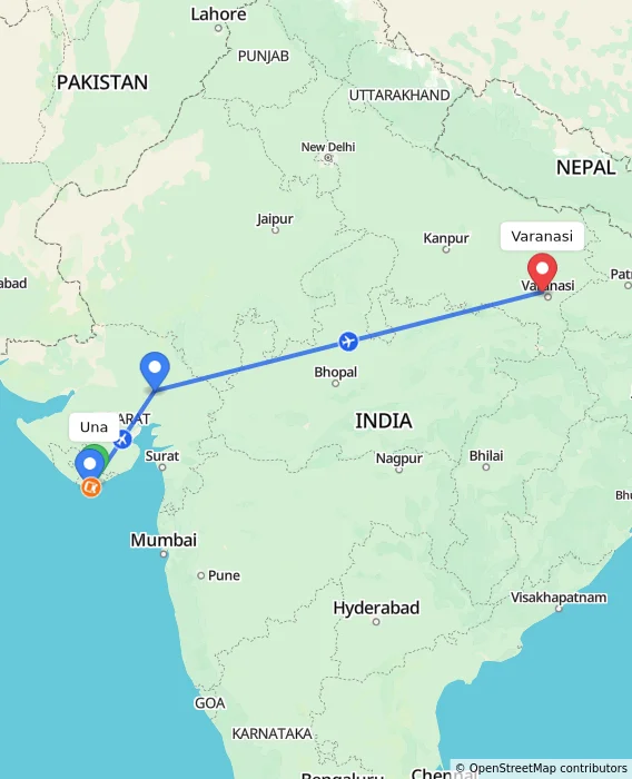 Route map showing distance and travel time from Una, India to Varanasi, India