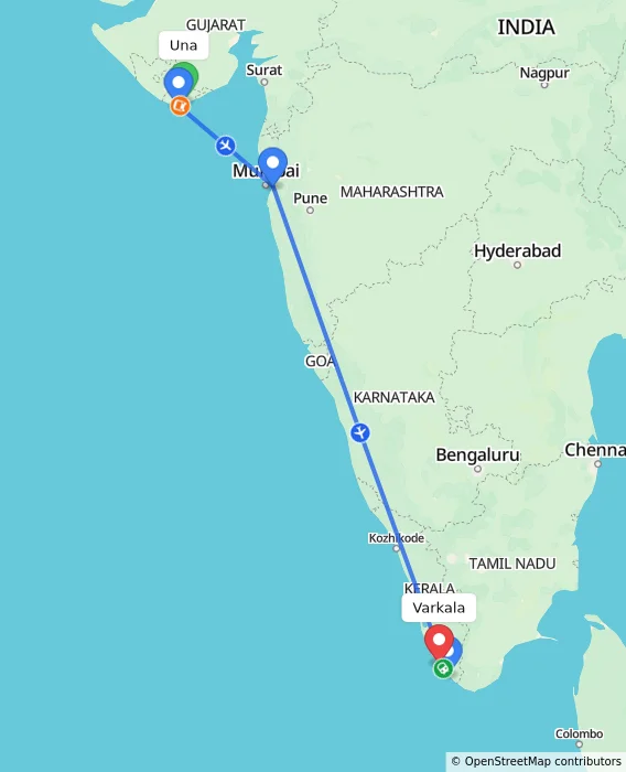 Route map showing distance and travel time from Una, India to Varkala, India
