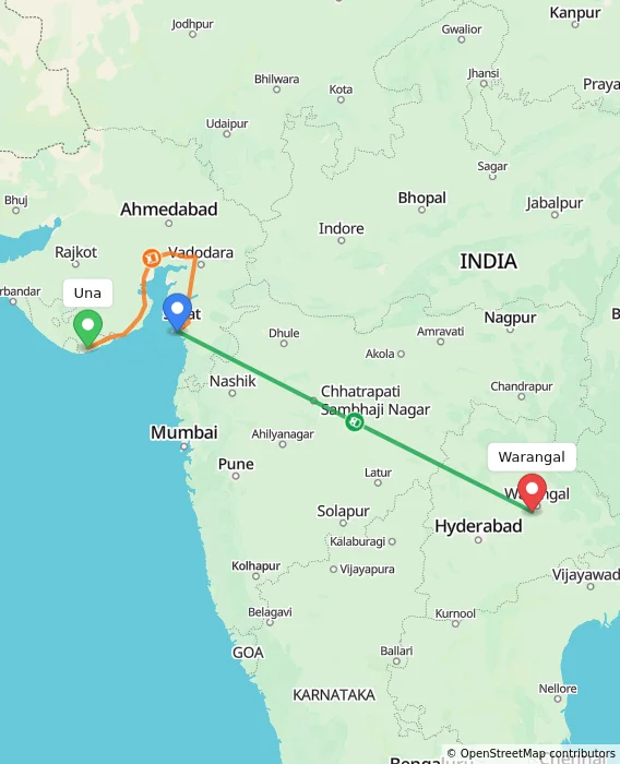 Route map showing distance and travel time from Una, India to Warangal, India
