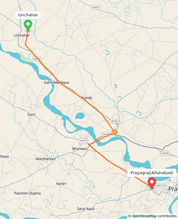 Route map showing distance and travel time from Unchahar, India to Allahabad, India