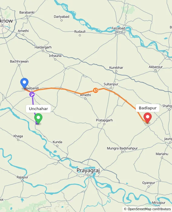 Route map showing distance and travel time from Unchahar, India to Badlapur, India