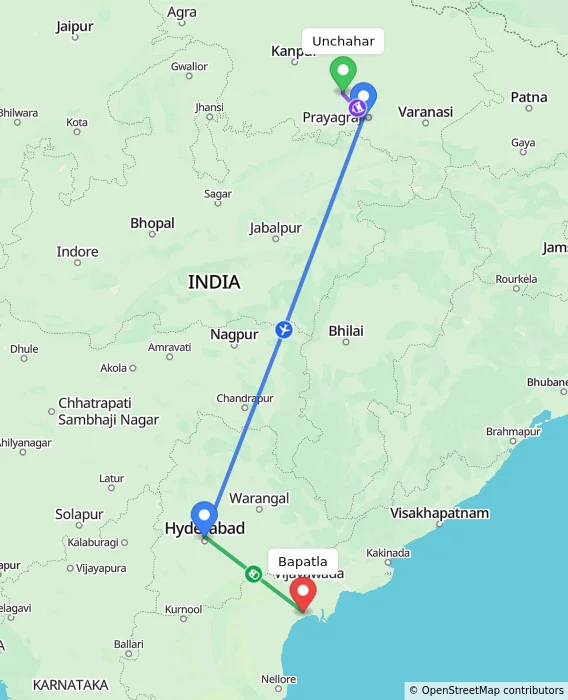Route map showing distance and travel time from Unchahar, India to Bapatla, India