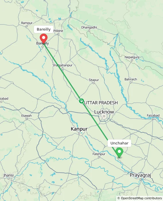 Route map showing distance and travel time from Unchahar, India to Bareilly, India