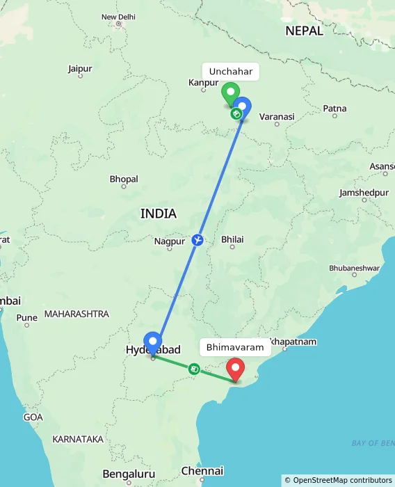 Route map showing distance and travel time from Unchahar, India to Bhimavaram, India