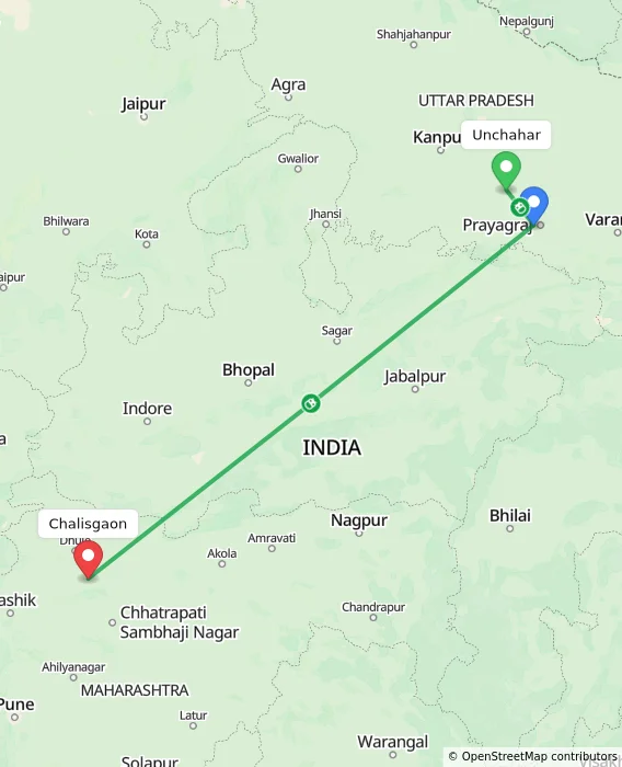 Route map showing distance and travel time from Unchahar, India to Chalisgaon, India