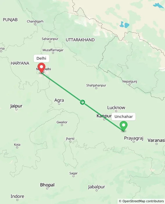 Route map showing distance and travel time from Unchahar, India to Delhi, India
