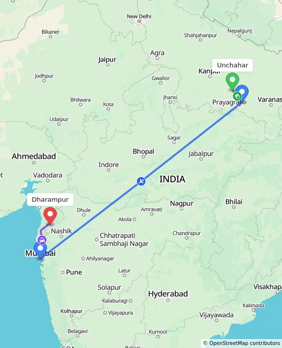Route map showing distance and travel time from Unchahar, India to Dharampur, India