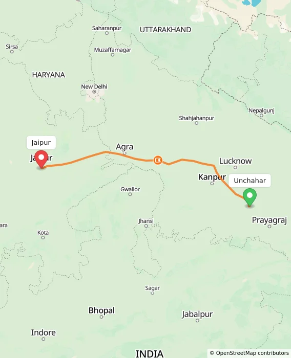 Route map showing distance and travel time from Unchahar, India to Jaipur, India