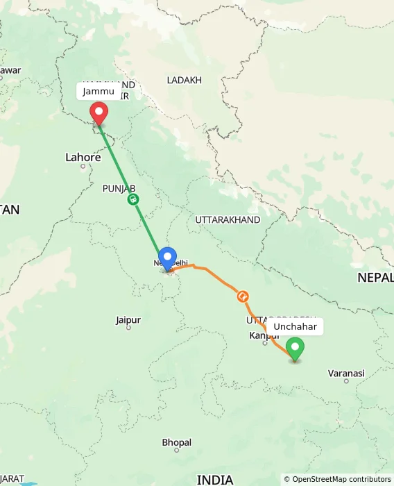 Route map showing distance and travel time from Unchahar, India to Jammu, India
