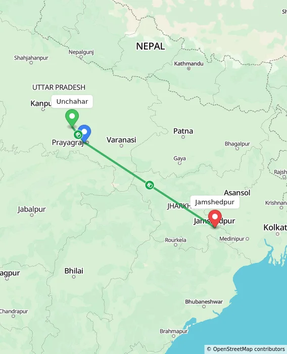 Route map showing distance and travel time from Unchahar, India to Jamshedpur, India