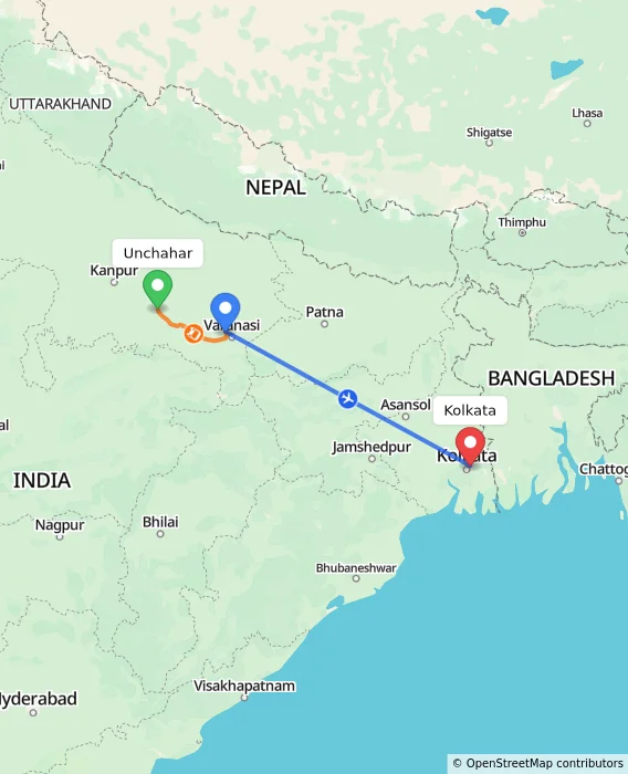 Route map showing distance and travel time from Unchahar, India to Kolkata, India