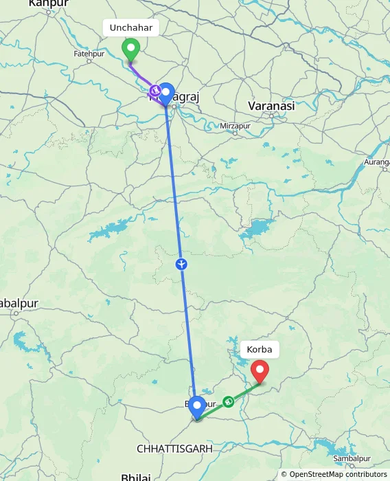 Route map showing distance and travel time from Unchahar, India to Korba, India