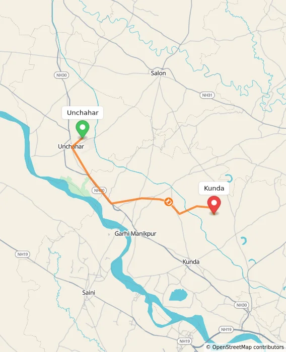 Route map showing distance and travel time from Unchahar, India to Kunda, India