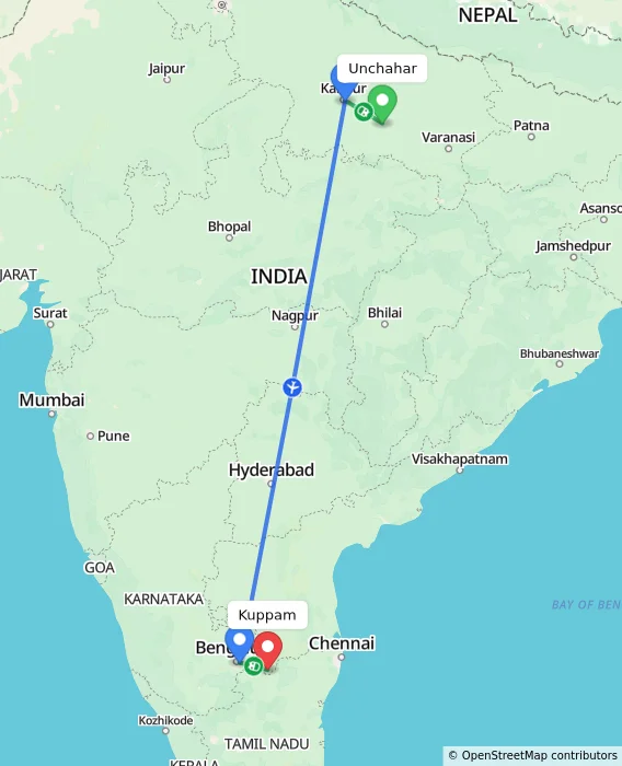 Route map showing distance and travel time from Unchahar, India to Kuppam, India