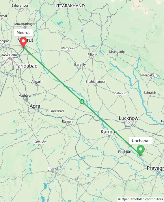 Route map showing distance and travel time from Unchahar, India to Meerut, India