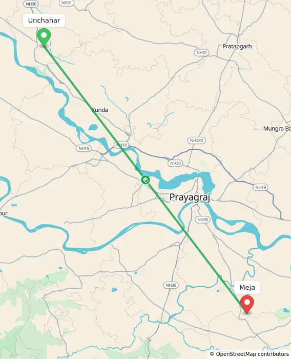 Route map showing distance and travel time from Unchahar, India to Meja, India