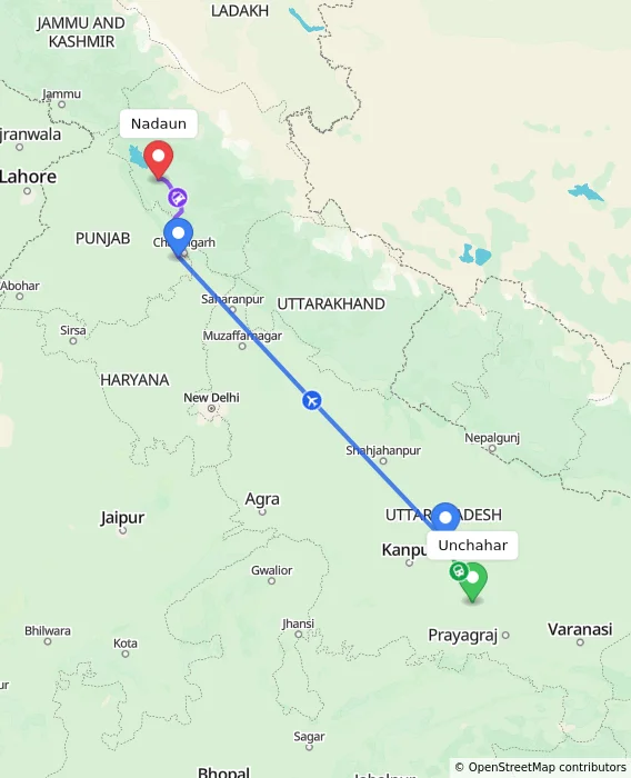 Route map showing distance and travel time from Unchahar, India to Nadaun, India
