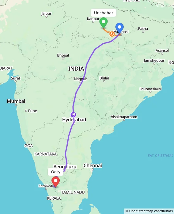 Route map showing distance and travel time from Unchahar, India to Ooty, India