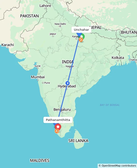 Route map showing distance and travel time from Unchahar, India to Pathanamthitta, India