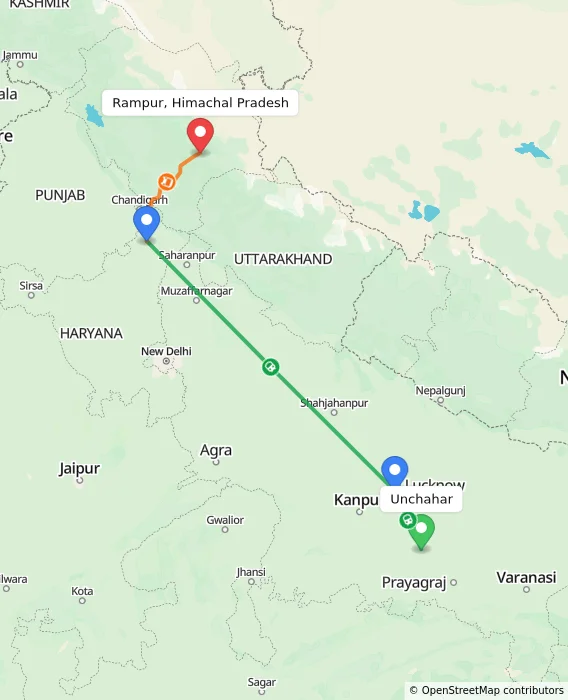 Route map showing distance and travel time from Unchahar, India to Rampur, Himachal Pradesh, India