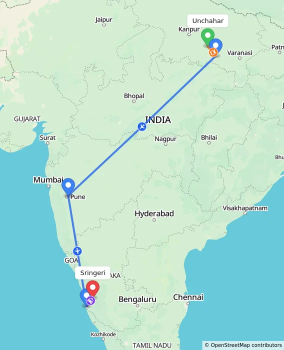 Route map showing distance and travel time from Unchahar, India to Sringeri, India