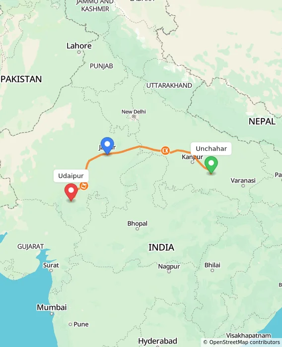 Route map showing distance and travel time from Unchahar, India to Udaipur, India