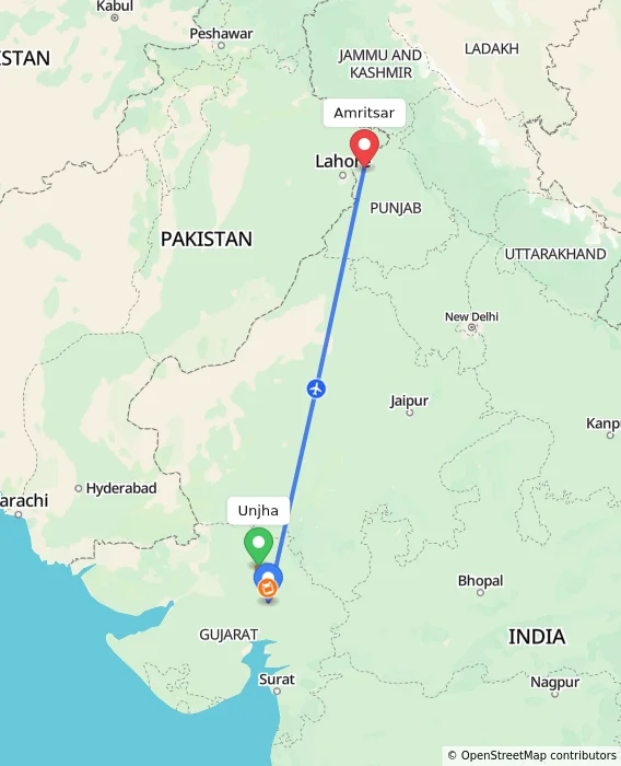 Route map showing distance and travel time from Unjha, India to Amritsar, India
