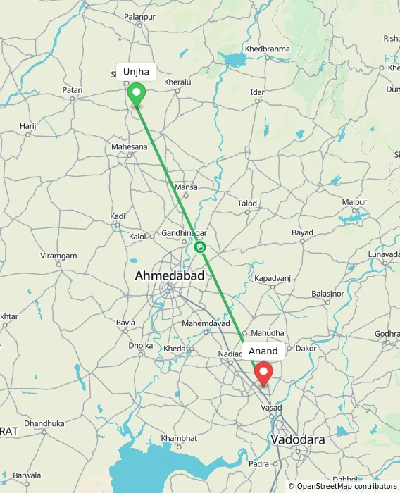 Route map showing distance and travel time from Unjha, India to Anand, India