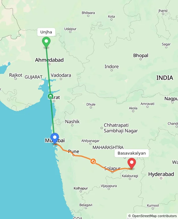 Route map showing distance and travel time from Unjha, India to Basavakalyan, India
