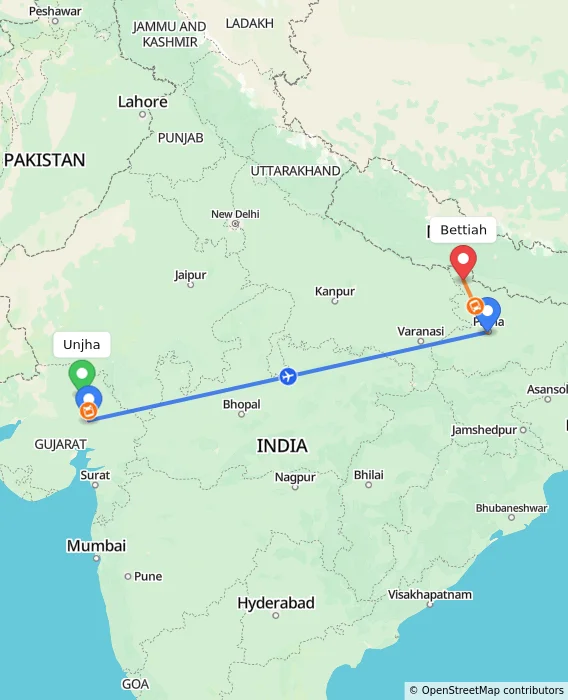 Route map showing distance and travel time from Unjha, India to Bettiah, India